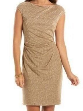 Chaps Metallic Gold Chevron Cap-Sleeve Sheath Dress With Side Pleating Size 12